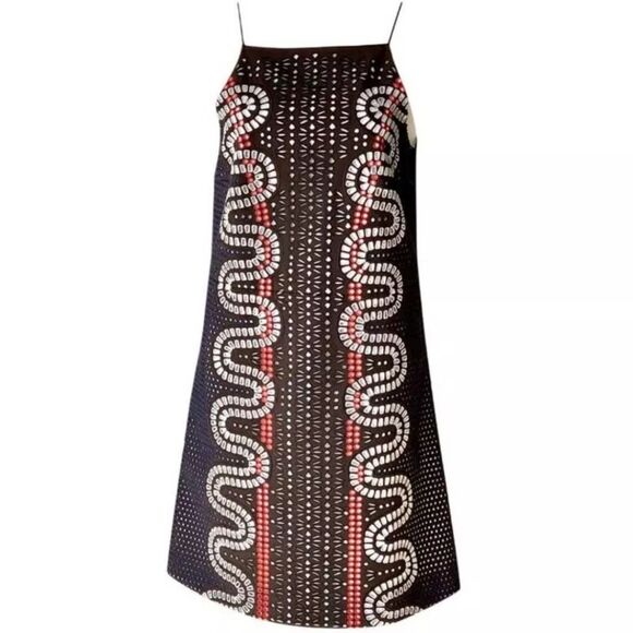Tory Burch Runway Strappy Eyelet Shift Dress Summer Women's Size 8 Brown Blue - Picture 2 of 14